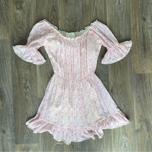 Athena Procopiou Silk Off Shoulder Mini Dress Pink Cottagecore Boho Ruffle S